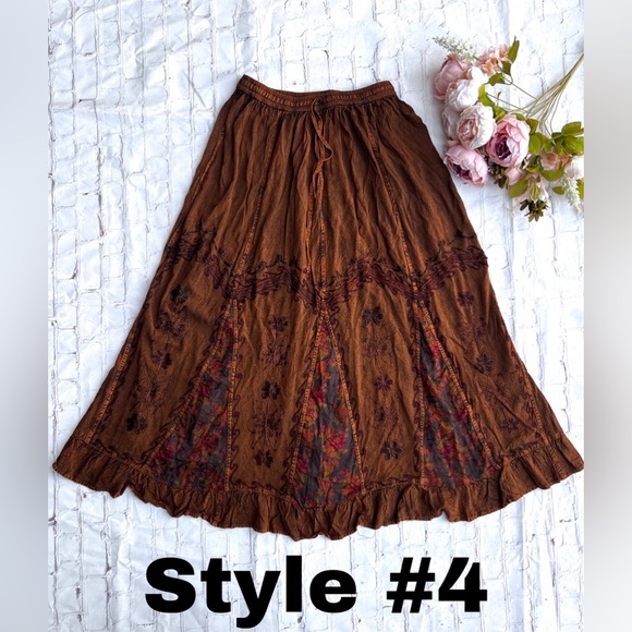 Vintage Vibe Brown Embroidered Long Skirt with Floral Patchwork - Picture 9 of 11